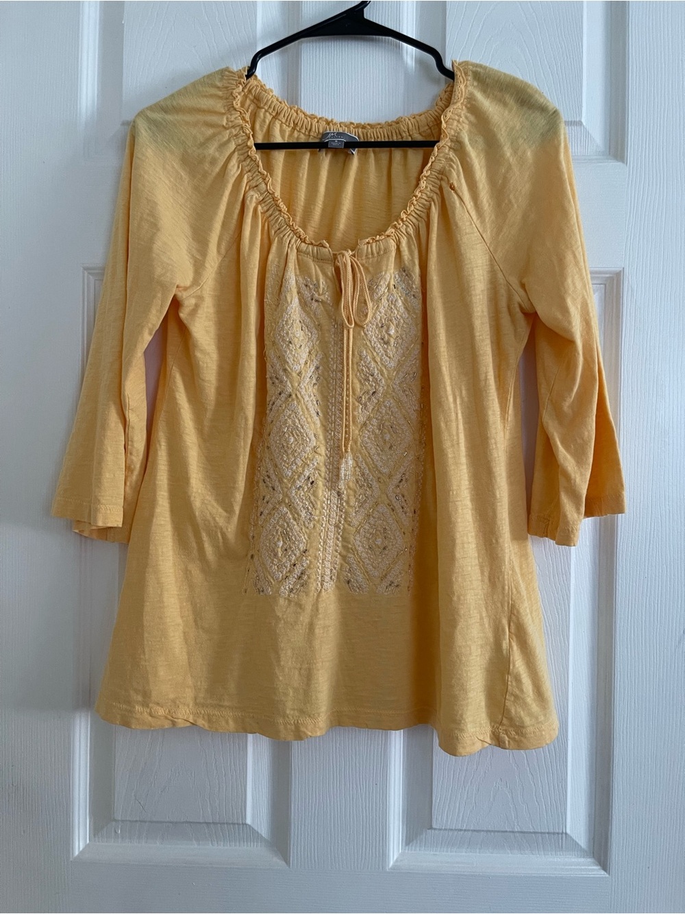 JM Collection Yellow Embroidered Peasant Top